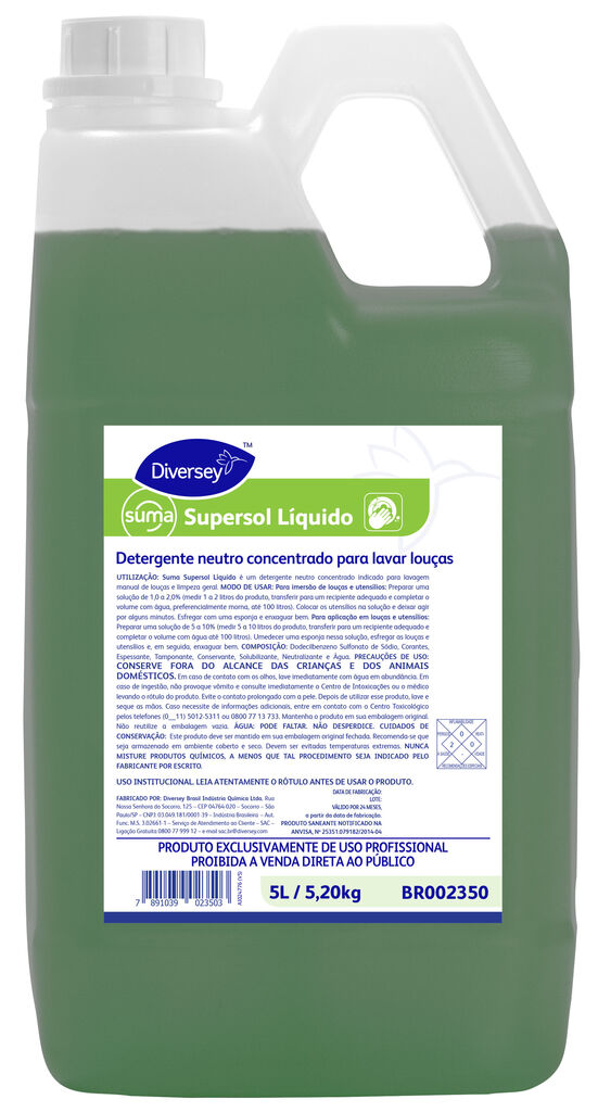 SUMA SUPERSOL LIQ. 2x5L - DETERGENTE NEUTRO CONCENTRADO PARA LAVAR LOUÇAS E LIMPEZA GERAL